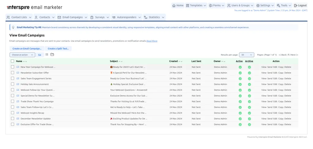View Email Campaigns -  Lists View