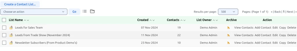 Table Contact List